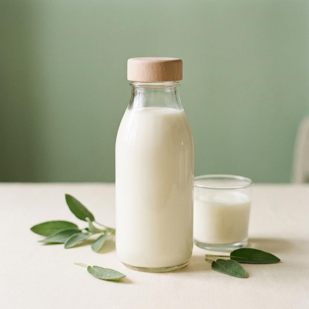 Sebotol kaca kefir susu berwarna putih krim di samping gelas kecil kefir dengan latar hijau sage