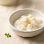 Kefir grains berwarna putih krim di dalam mangkuk keramik kecil berisi sedikit susu
