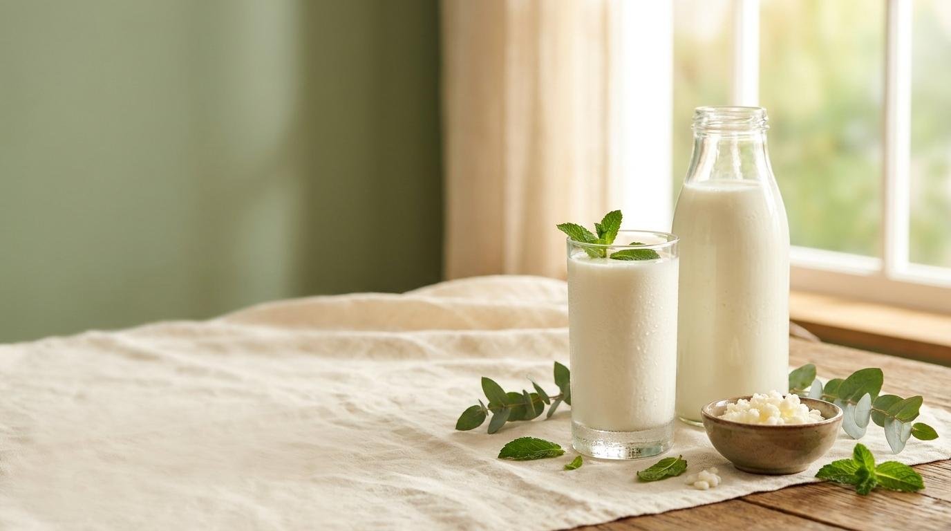 Segelas dan sebotol kefir susu segar di atas taplak linen krim dekat jendela, dengan daun mint dan semangkuk kefir grains