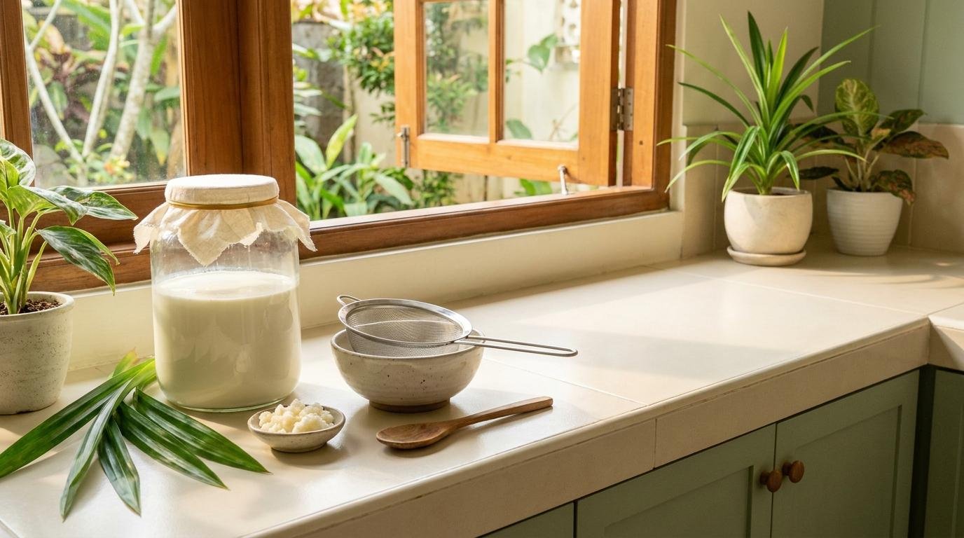 Toples kaca berisi susu yang sedang difermentasi menjadi kefir di meja dapur dekat jendela